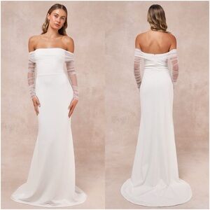 LULU’S Beautifully Beloved White Mesh Off The Shoulder Maxi Dress